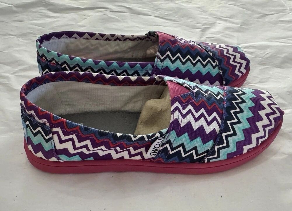Toms Classics Purple Zig Zag Pop Slip On Casual Canvas Flat Shoes Youth Size 3